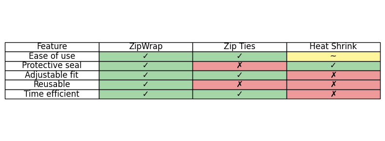 Comparison chart showing ZipWrap outperforming zip ties and heat‑shrink tubing across several criteria